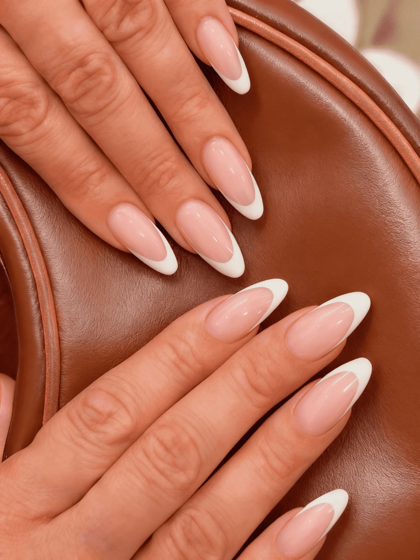 24pcs Long Almond Fake Nails White French Press on Nails Simple Full Cover Detachable Nail Tips