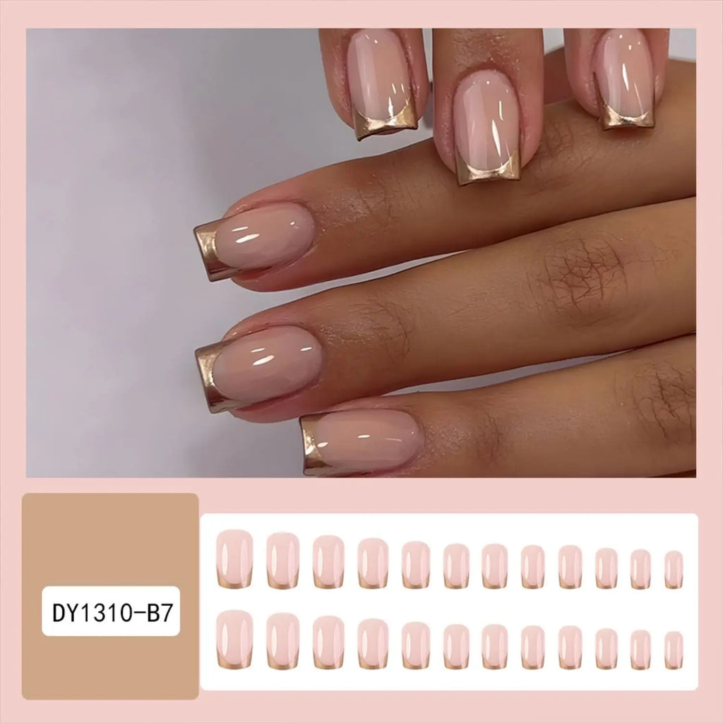 24PCS French Style Short Square Fake Nails, Golden Nail Tips, Smooth Pressed Acrylic Nails, Fully Covered Artificial Nails