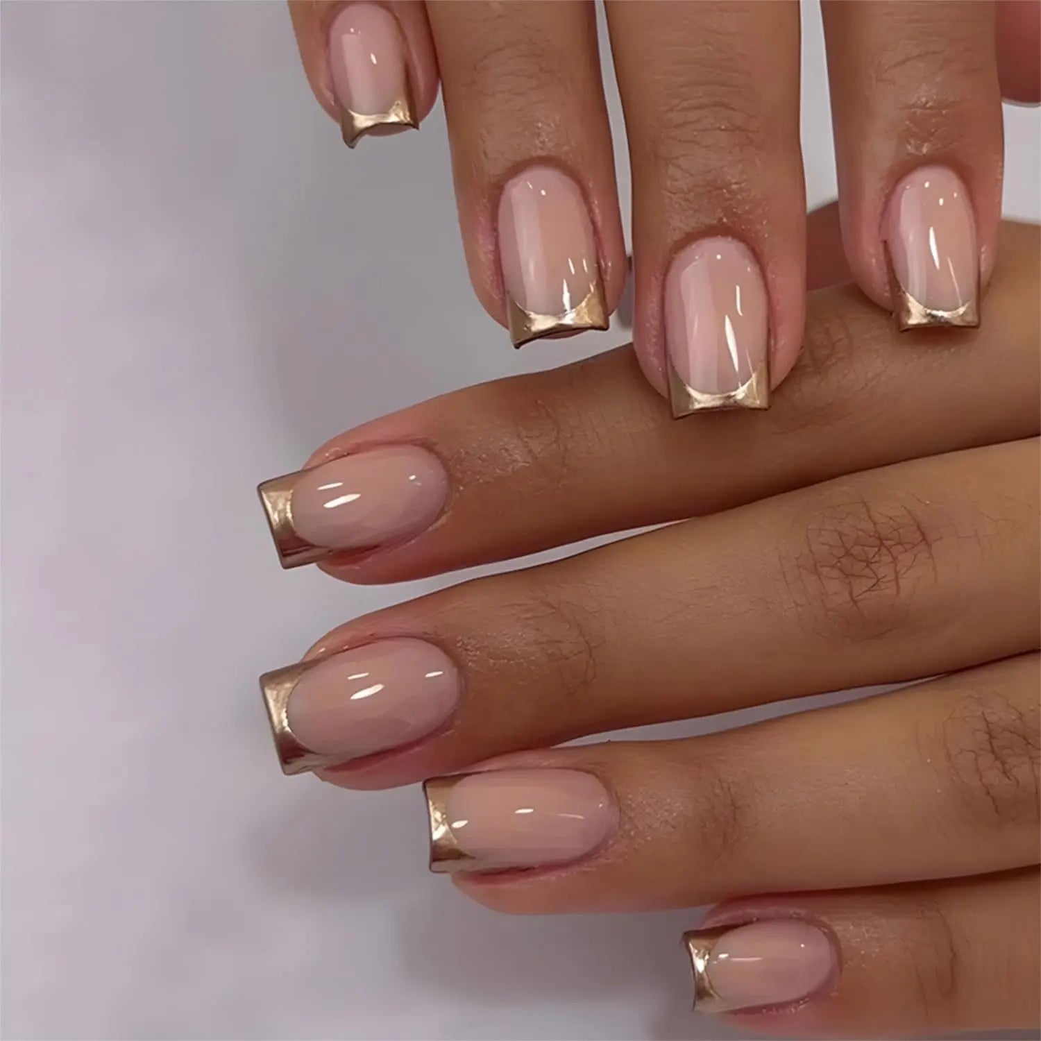 24PCS French Style Short Square Fake Nails, Golden Nail Tips, Smooth Pressed Acrylic Nails, Fully Covered Artificial Nails