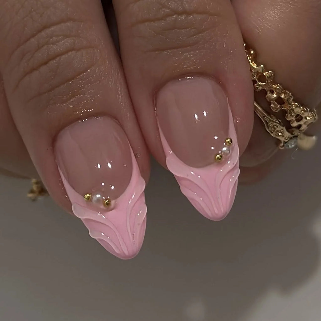 Women's Pink Almond Press On Nails, 3D Flower French Tip with Beaded Decor, Handmade Acrylic False Nails for Daily Wear