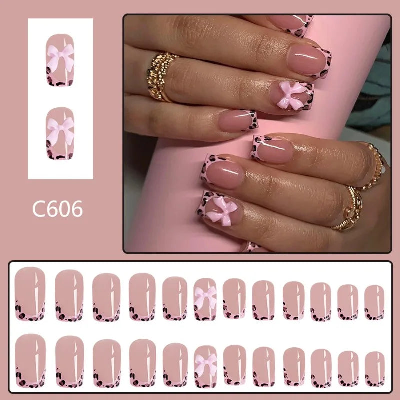24 Pcs Acrylic Presss on Nails with Design Short Pink Bow Leopard French