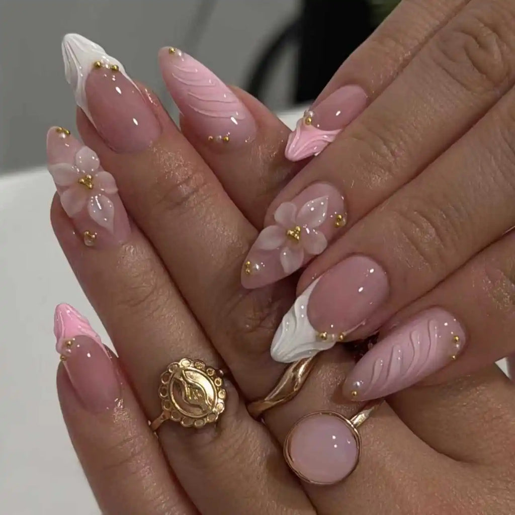 Women's Pink Almond Press On Nails, 3D Flower French Tip with Beaded Decor, Handmade Acrylic False Nails for Daily Wear