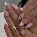 Women's Pink Almond Press On Nails, 3D Flower French Tip with Beaded Decor, Handmade Acrylic False Nails for Daily Wear