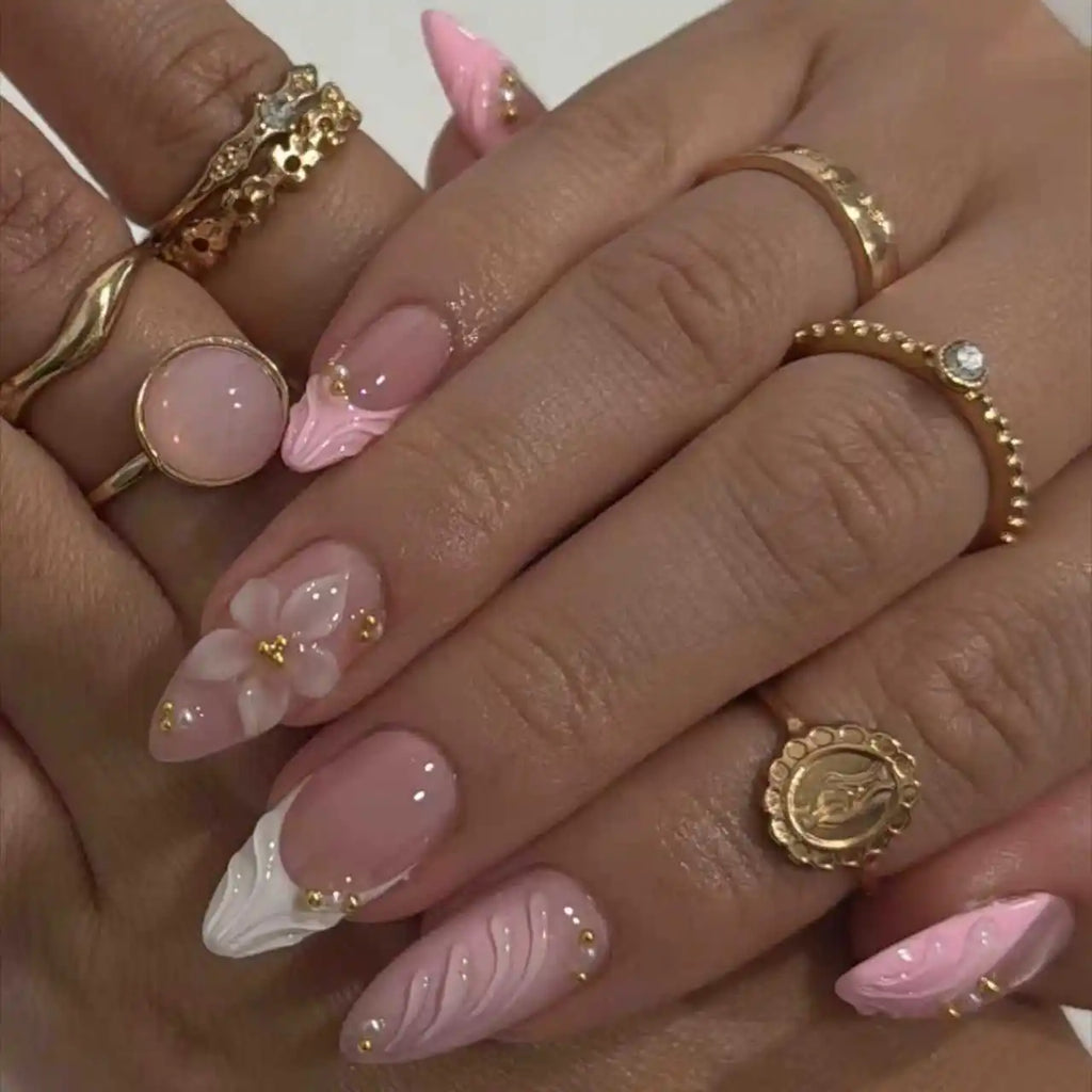 Women's Pink Almond Press On Nails, 3D Flower French Tip with Beaded Decor, Handmade Acrylic False Nails for Daily Wear