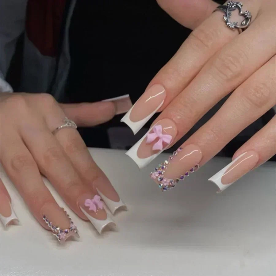 24Pcs Mid Long Pink Leopard Nails with Bow Design
