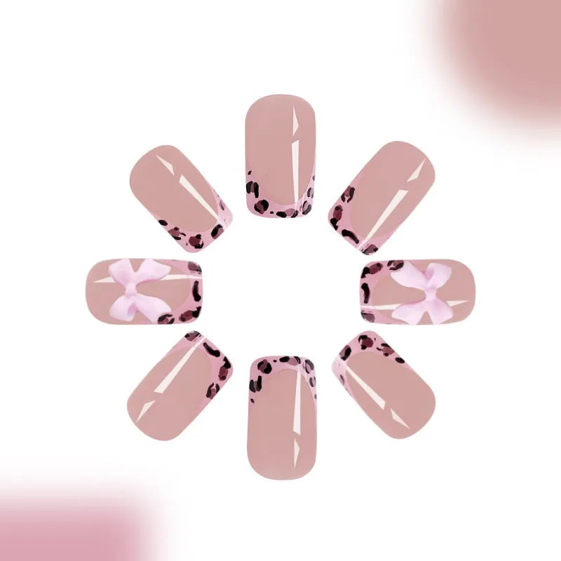 24 Pcs Acrylic Presss on Nails for Girls Artificial Fake Nails with Design Short Pink Bow Leopard French False Nails for Gluing