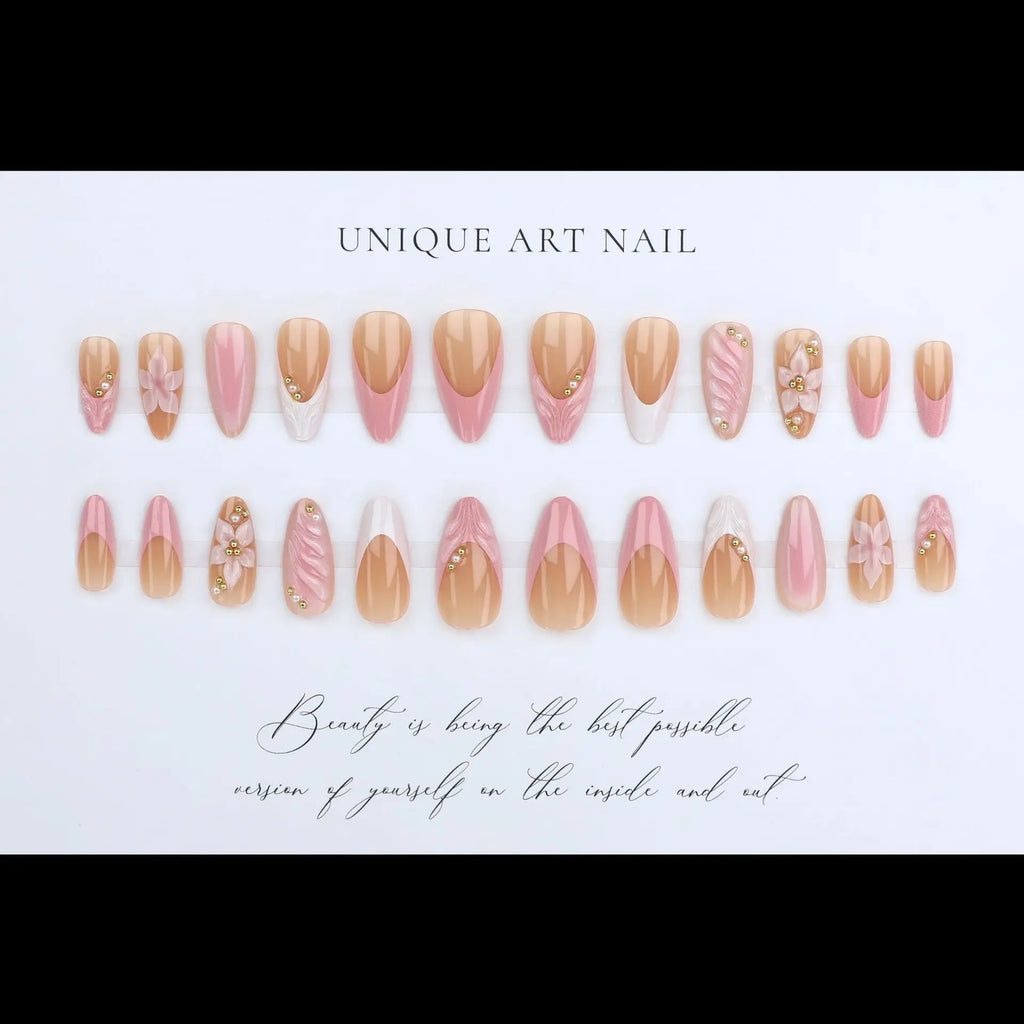 Women's Pink Almond Press On Nails, 3D Flower French Tip with Beaded Decor, Handmade Acrylic False Nails for Daily Wear