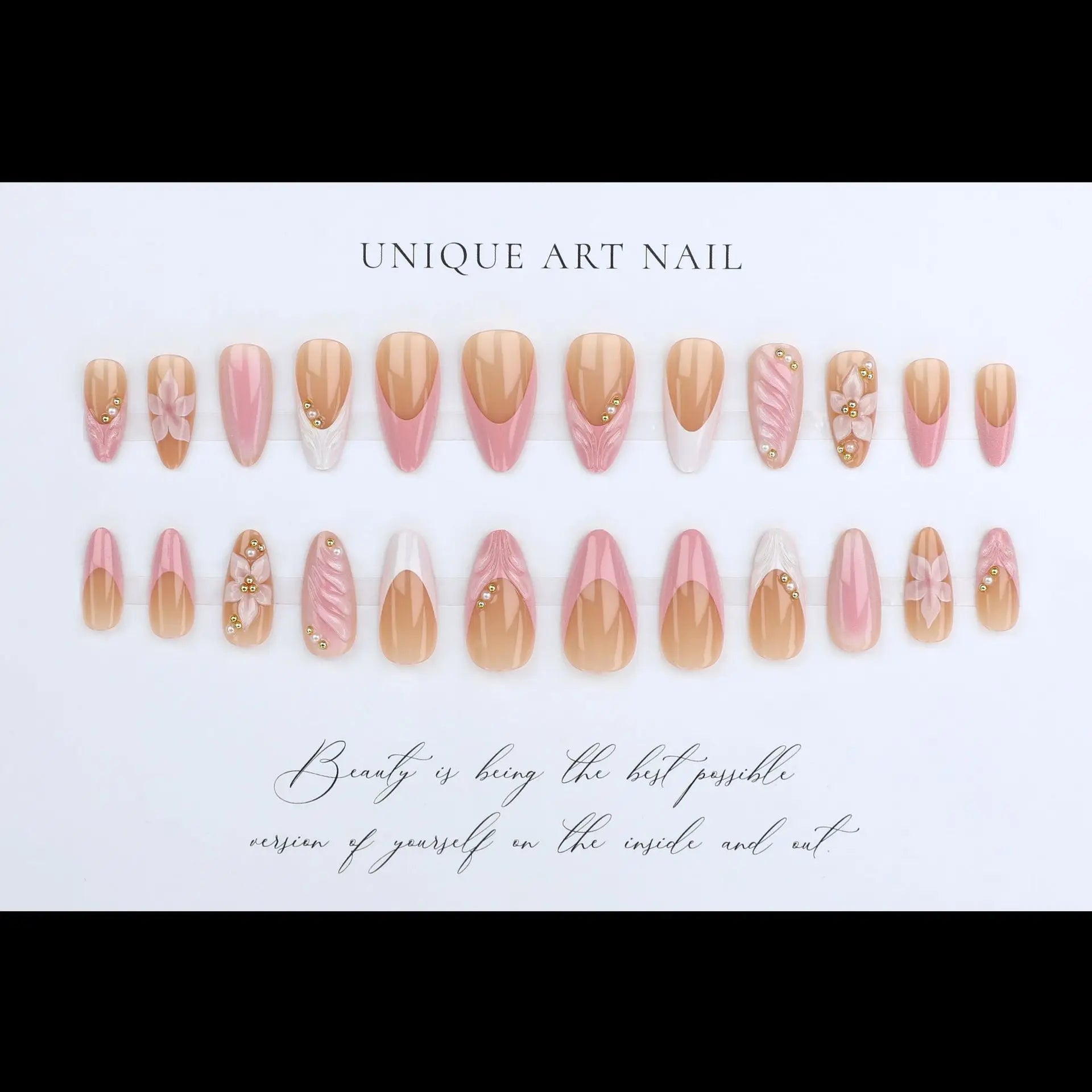Women's Pink Almond Press On Nails, 3D Flower French Tip with Beaded Decor, Handmade Acrylic False Nails for Daily Wear