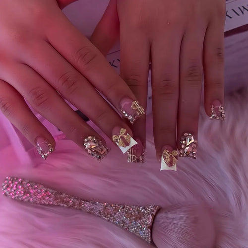 24pcs Flower Press on Nails Pink Mid-length Square Fake Nail Leopard Print French False Nails with Rhinestone Ballet Manicure