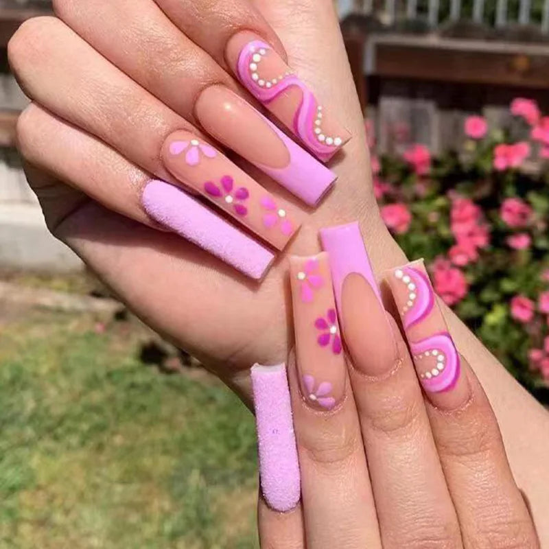 24Pcs Mid Long Pink Leopard Nails with Bow Design