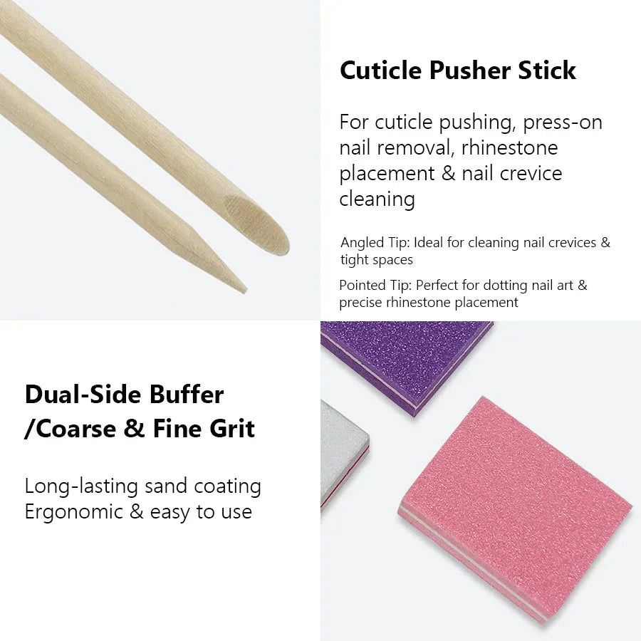 1 Set Press On Nails Prep Kit with Nail File Buffer Polishing Tool Cuticle Stick Cleaning Brush, Home Manicure Pedicure
