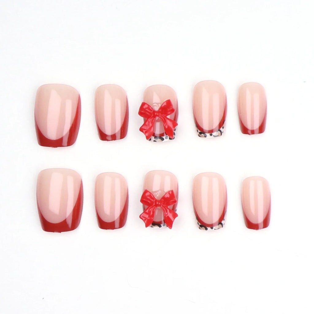 10PCS Short Square Fake Nails With Leopard Print Relief, Red Bow Design Leopard Print Border, Glossy Nails, Acrylic Nails