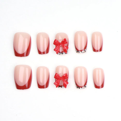 10PCS Short Square Fake Nails With Leopard Print Relief, Red Bow Design Leopard Print Border, Glossy Nails, Acrylic Nails