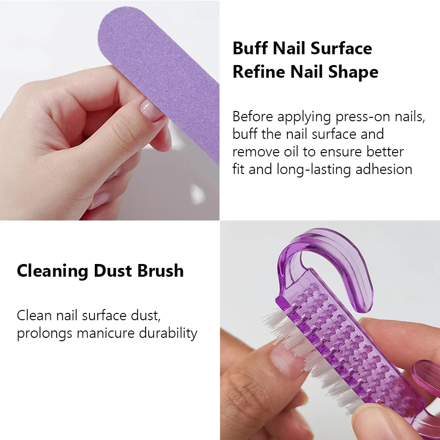 1 Set Press On Nails Prep Kit with Nail File Buffer Polishing Tool Cuticle Stick Cleaning Brush, Home Manicure Pedicure