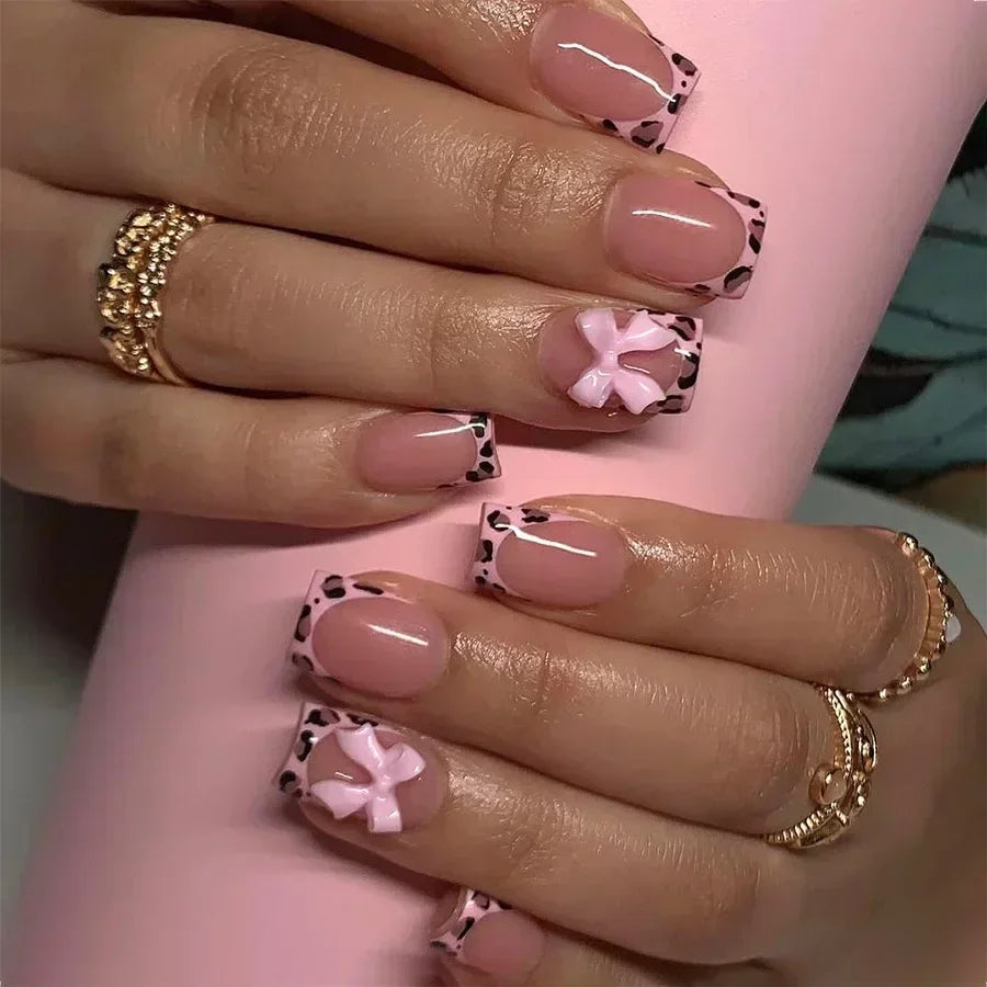 24Pcs Mid Long Pink Leopard Nails with Bow Design