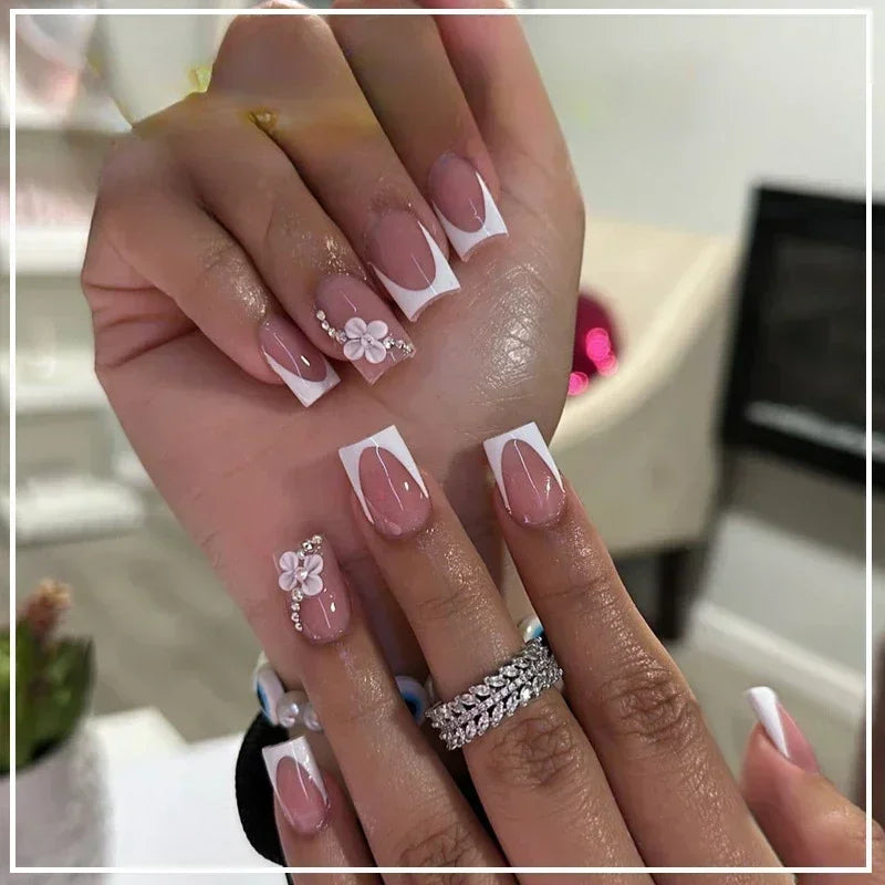 24Pcs Mid Long Pink Leopard Nails with Bow Design