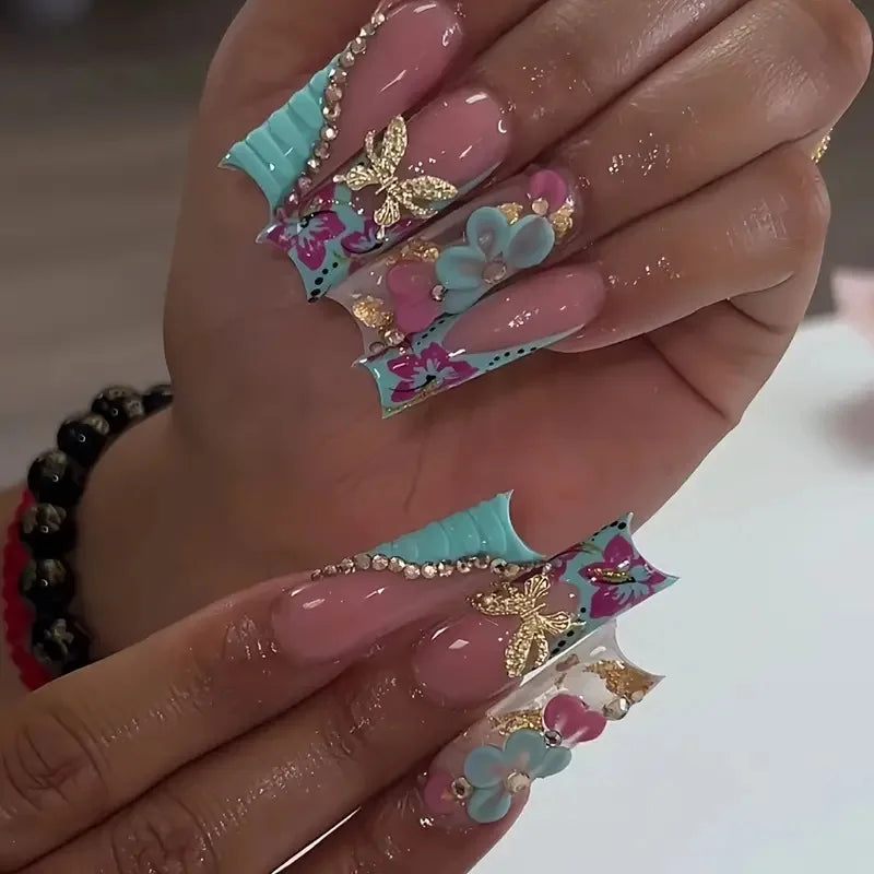 24pcs Pink Leopard Print Fake Nails French Press on Nails Y2K Sweet Cool Long Square False Nails Stars Pearl Rhinestone Nail Art