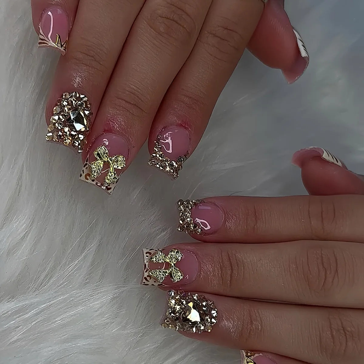 24pcs Flower Press on Nails Pink  Leopard Print French False Nails with Rhinestone Ballet Manicure