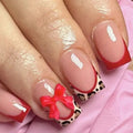 10PCS Short Square Fake Nails With Leopard Print Relief, Red Bow Design Leopard Print Border, Glossy Nails, Acrylic Nails
