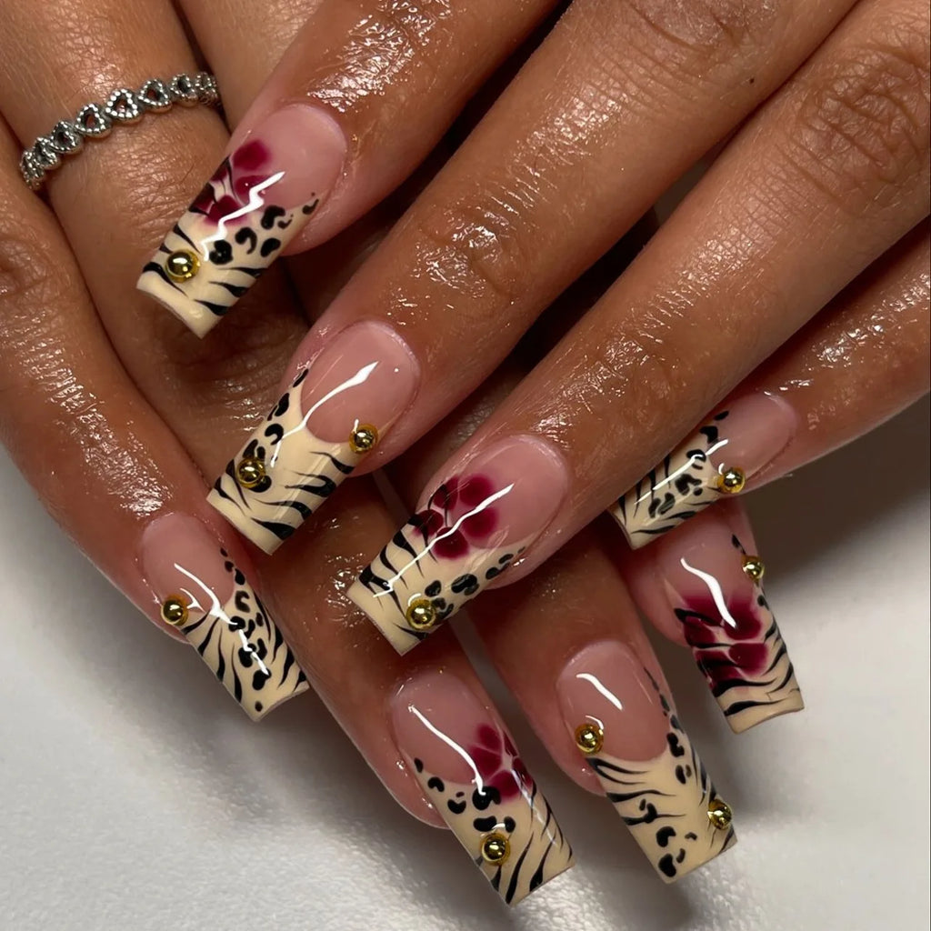 24pcs Pink Leopard Print Fake Nails French Press on Nails Y2K Sweet Cool Long Square False Nails Stars Pearl Rhinestone Nail Art