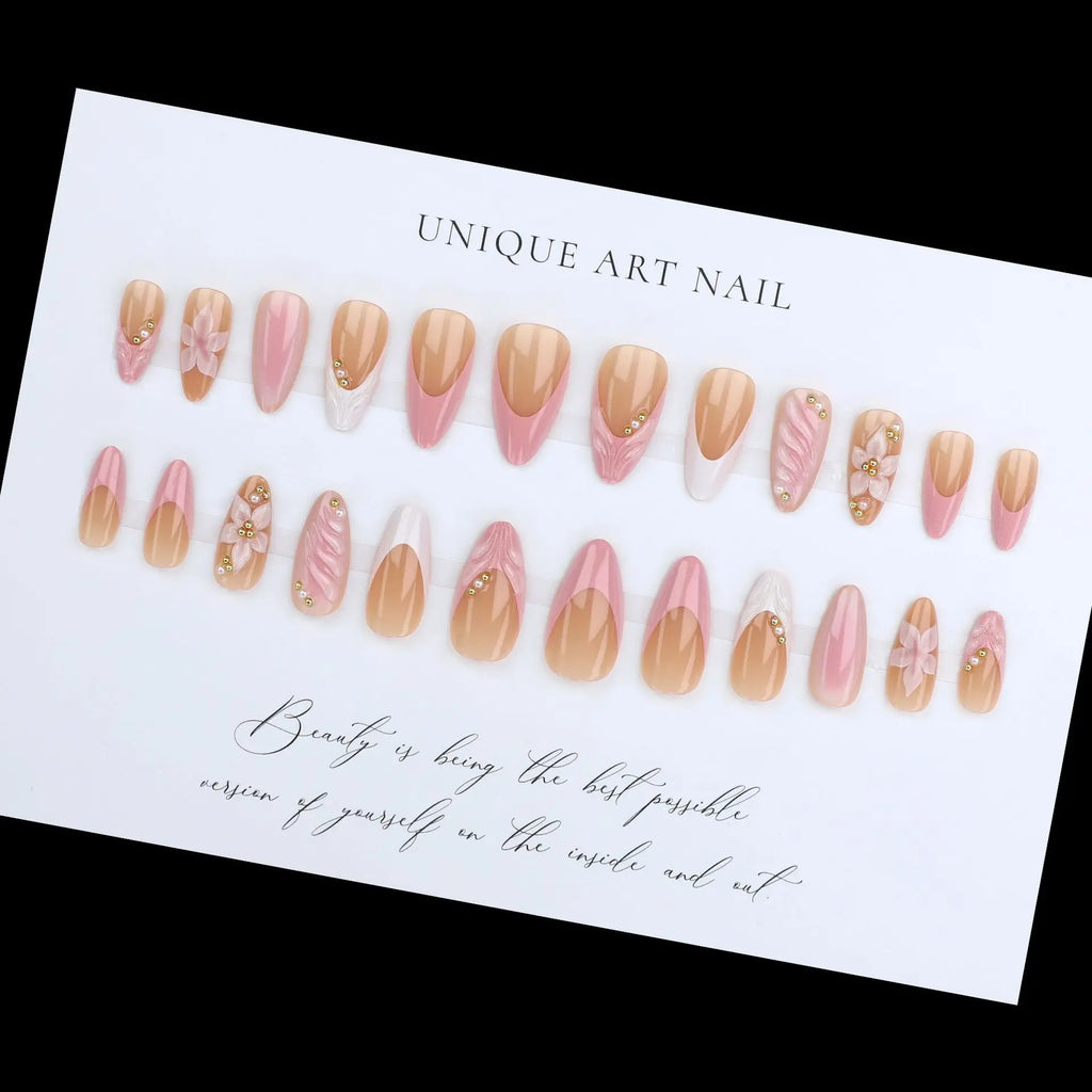 Women's Pink Almond Press On Nails, 3D Flower French Tip with Beaded Decor, Handmade Acrylic False Nails for Daily Wear