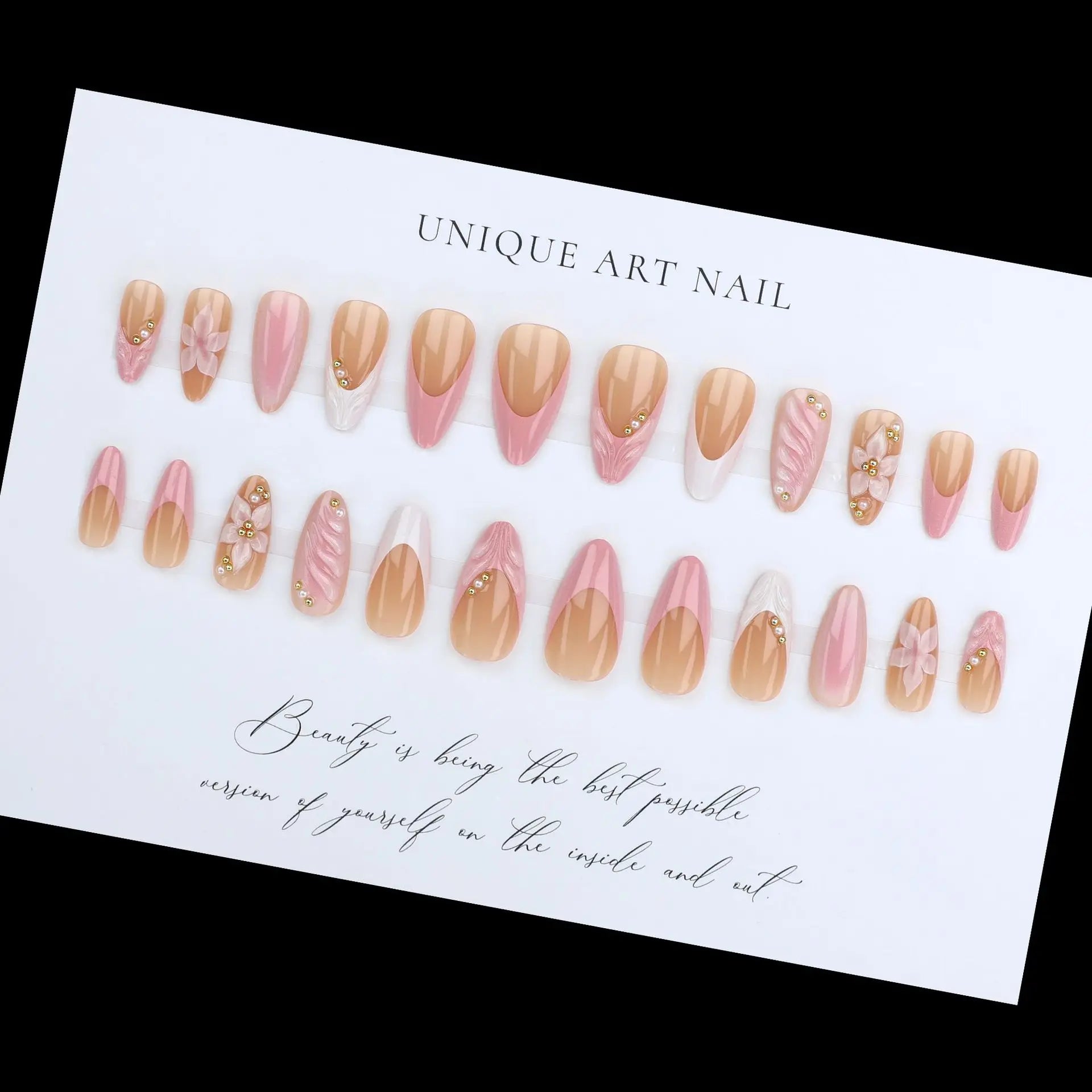 Women's Pink Almond Press On Nails, 3D Flower French Tip with Beaded Decor, Handmade Acrylic False Nails for Daily Wear