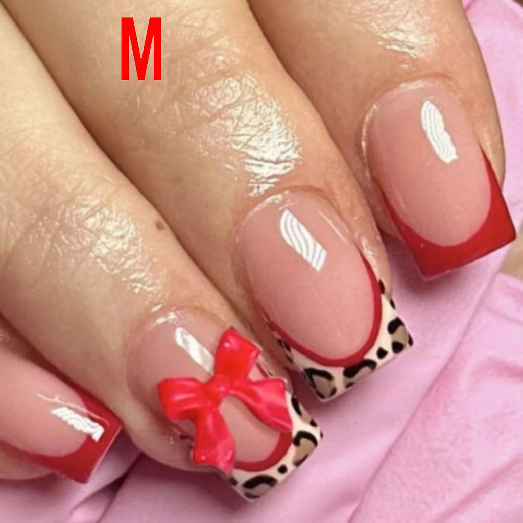 10PCS Short Square Fake Nails With Leopard Print Relief, Red Bow Design Leopard Print Border, Glossy Nails, Acrylic Nails