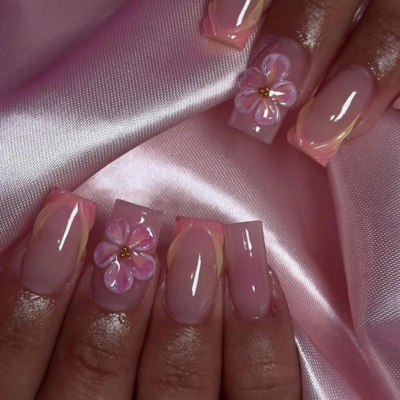 24Pcs Mid Long Pink Leopard Nails with Bow Design