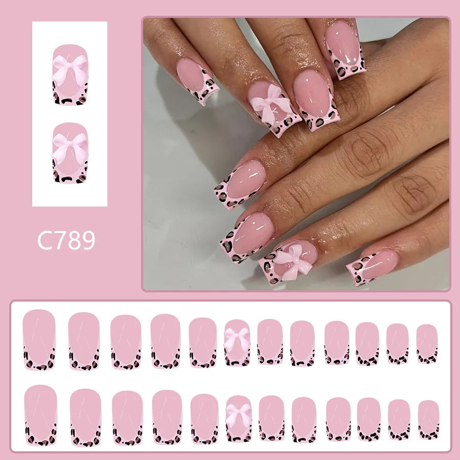 24 Pcs Acrylic Presss on Nails for Girls Artificial Fake Nails with Design Short Pink Bow Leopard French False Nails for Gluing