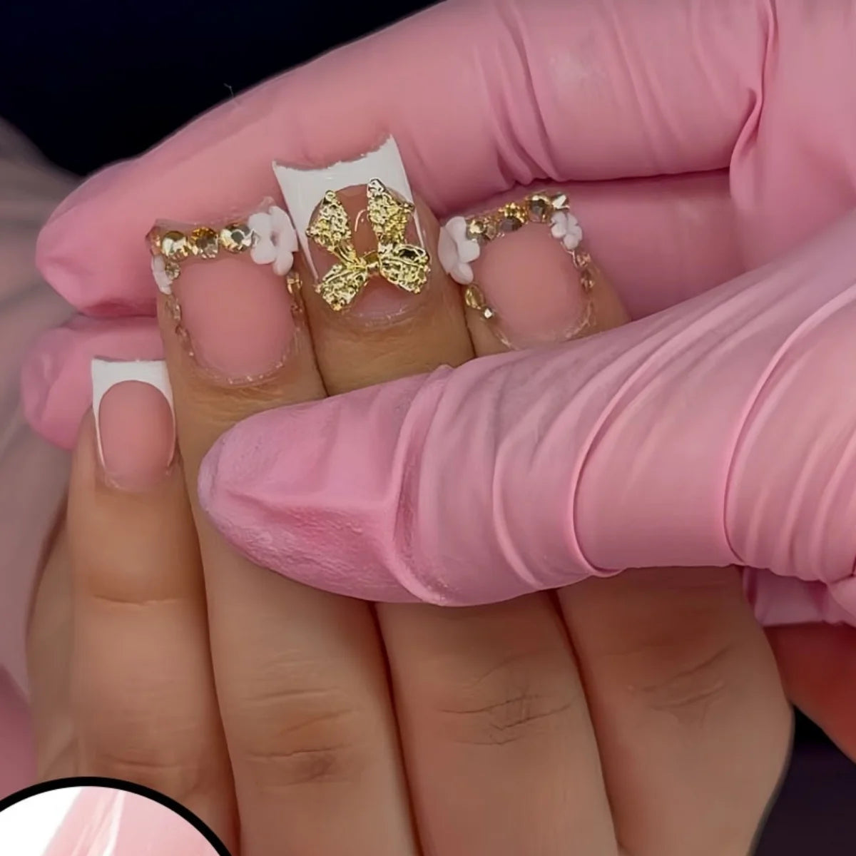 24pcs Flower Press on Nails Pink Mid-length Square Fake Nail Leopard Print French False Nails with Rhinestone Ballet Manicure