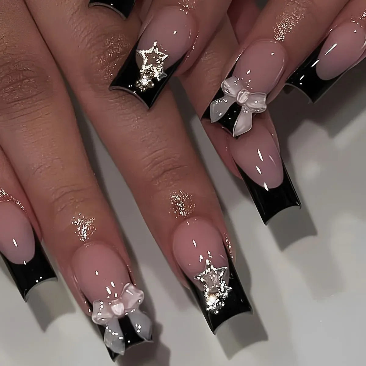 24Pcs Mid Long Pink Leopard Nails with Bow Design