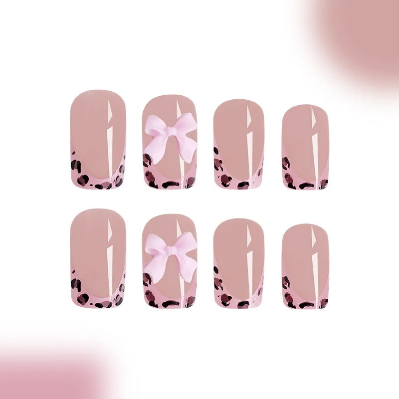 24 Pcs Acrylic Presss on Nails for Girls Artificial Fake Nails with Design Short Pink Bow Leopard French False Nails for Gluing