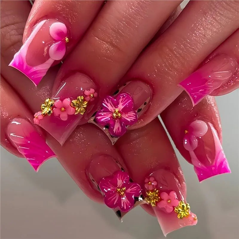 24pcs Flower Press on Nails Pink  Leopard Print French False Nails with Rhinestone Ballet Manicure