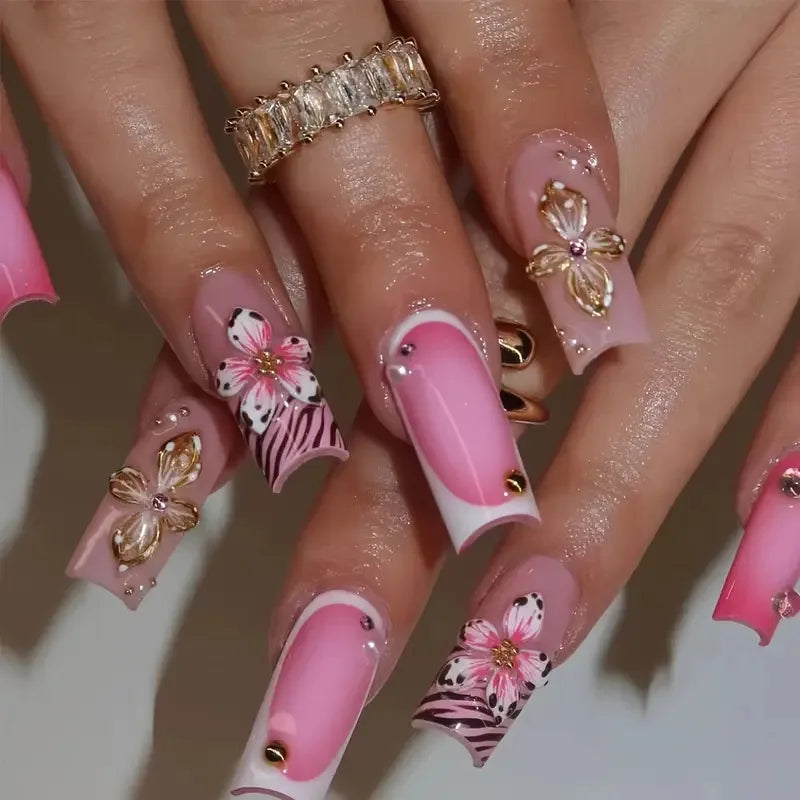 24Pcs Mid Long Pink Leopard Nails with Bow Design