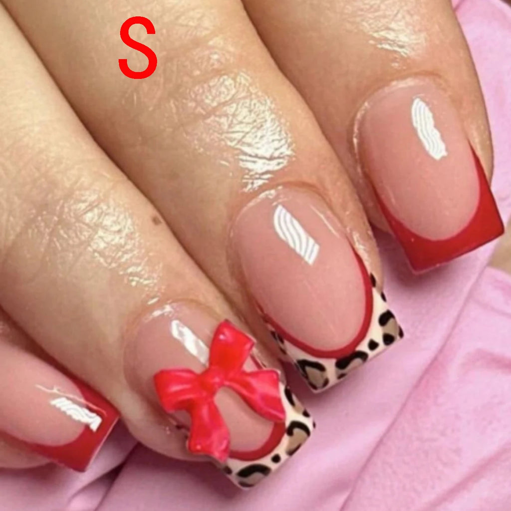 10PCS Short Square Fake Nails With Leopard Print Relief, Red Bow Design Leopard Print Border, Glossy Nails, Acrylic Nails