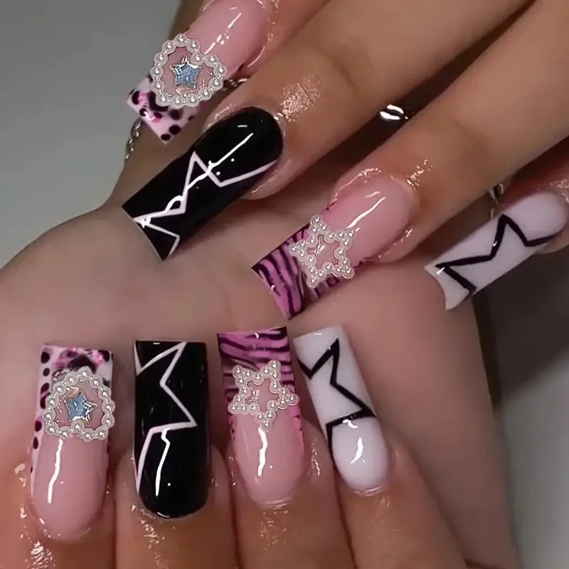24pcs Pink Leopard Print Fake Nails French Press on Nails Y2K Sweet Cool Long Square False Nails Stars Pearl Rhinestone Nail Art