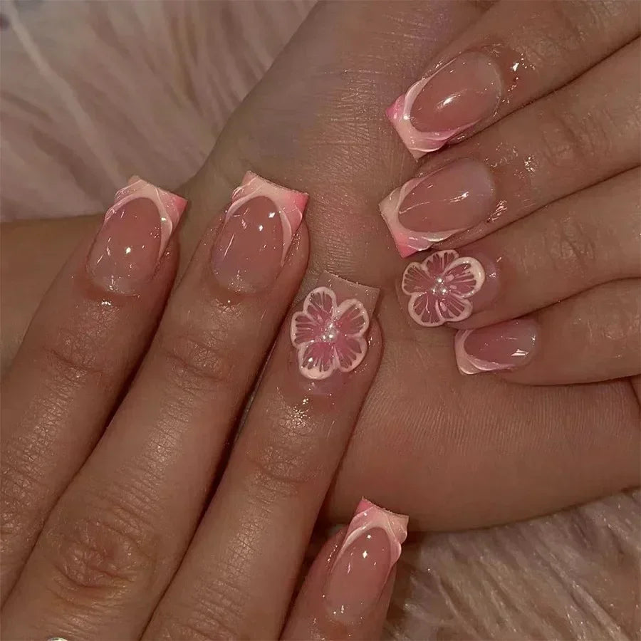 24Pcs Mid Long Pink Leopard Nails with Bow Design
