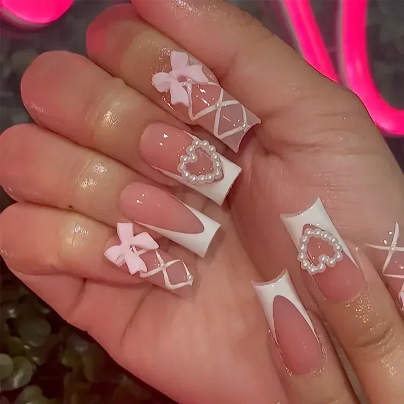 24Pcs Mid Long Pink Leopard Nails with Bow Design
