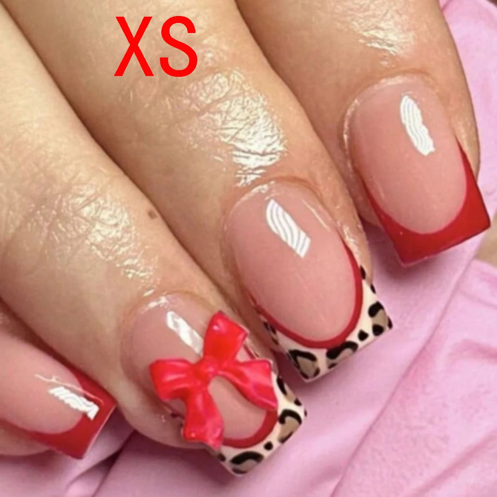 10PCS Short Square Fake Nails With Leopard Print Relief, Red Bow Design Leopard Print Border, Glossy Nails, Acrylic Nails