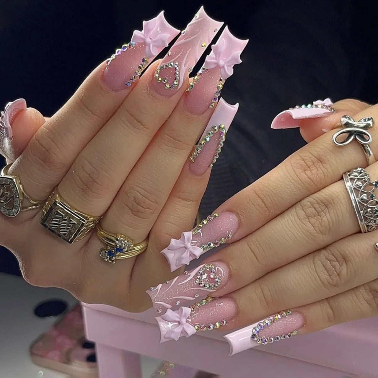 24Pcs Mid Long Pink Leopard Nails with Bow Design