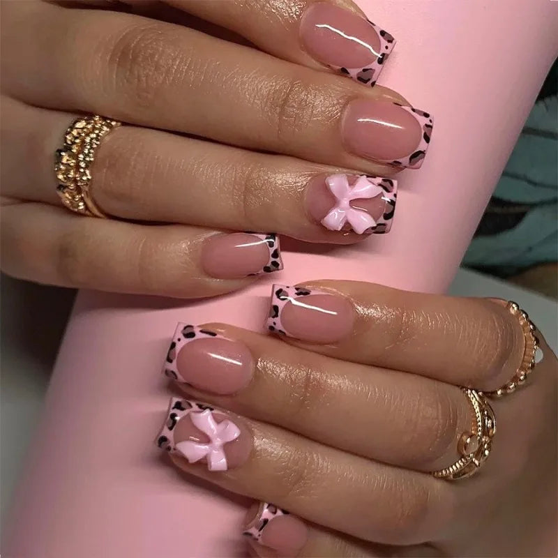 24 Pcs Acrylic Presss on Nails for Girls Artificial Fake Nails with Design Short Pink Bow Leopard French False Nails for Gluing