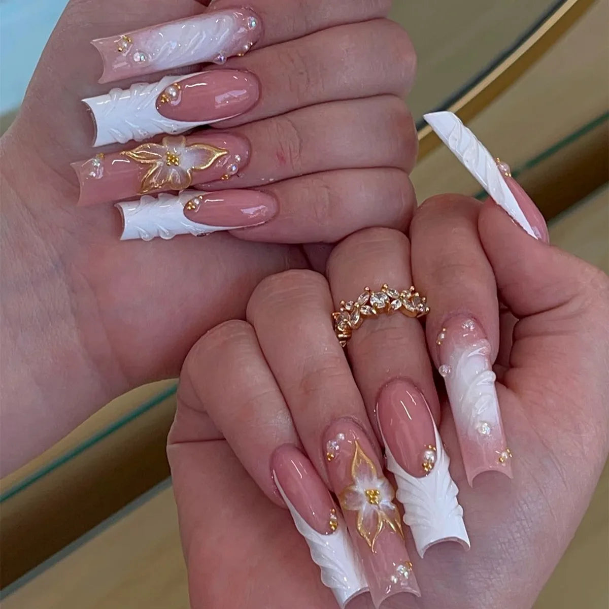 24Pcs Mid Long Pink Leopard Nails with Bow Design